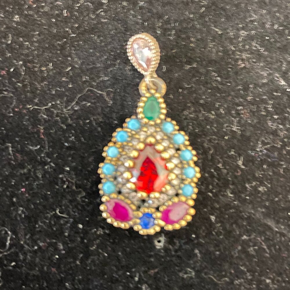 antique silver pendant with multi color gem stones